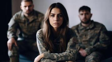 Liebe Dreieck im Militär- Leben. Soldat Frau suchen beim Kamera während Sitzung im Sessel hinter zwei Liebhaber. generativ ai. foto