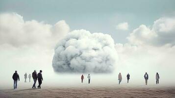 das Weg in das Unbekannt. konzeptionelle Bild von Gruppe von Menschen und Wolken. generativ ai. foto