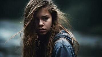 Porträt von ein jung Teen Mädchen mit lange Haar im das Regen gedreht zurück, Laufen Weg von ihr Probleme. generativ ai. foto
