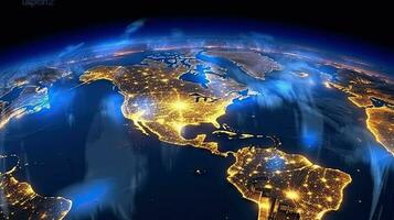 Welt Karte Satellit Bild, Aussicht von Stadt Beleuchtung Hintergrund. generativ ai. foto