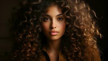 Porträt von ein schön jung Frau mit afro lockig Haar. generativ ai. foto