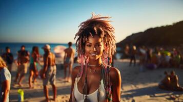 schön afrikanisch amerikanisch Frau mit Rosa farbig Dreadlocks auf das Strand. generativ ai. foto