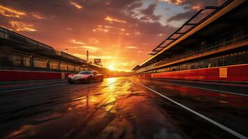 Rennen Auto auf das Straße beim Sonnenuntergang. Bewegung verwischen. Sport Wagen. generativ ai. foto