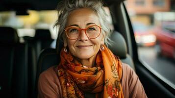 Porträt von lächelnd Senior Frau mit Brille Sitzung auf Rücksitz von suv Wagen. generativ ai. foto