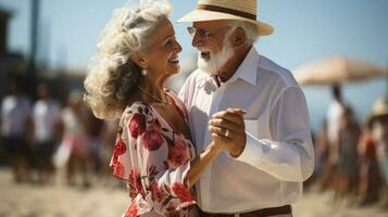 glücklich Senior Paar Tanzen auf das Strand. generativ ai. foto