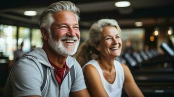 Porträt von glücklich Senior Paar lächelnd im Fitness Studio Fitnessstudio. generativ ai. foto