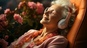 schön Senior Frau Hören zu Musik- im Kopfhörer auf Sofa beim heim. generativ ai. foto