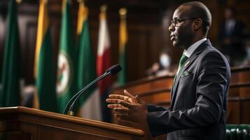 Afroamerikaner Politiker Herstellung Rede beim ein Konferenz oder treffen. generativ ai. foto