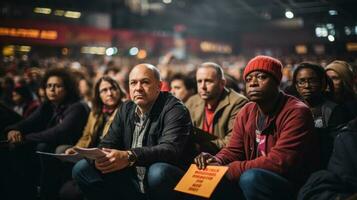 Gruppe von Menschen Aktivisten protestieren auf Publikum Halle drinnen. generativ ai. foto