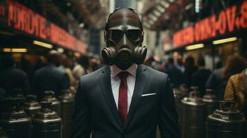 Geschäftsmann tragen ein Gas Maske zu schützen selbst von das Luft Verschmutzung. generativ ai. foto