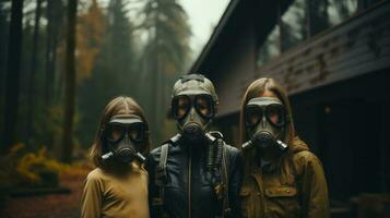 Mutter mit zwei Kinder im Gas Masken auf das Hintergrund von ihr Haus im Herbst Wald. generativ ai. foto