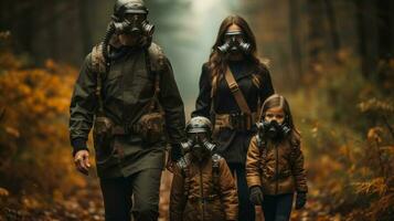 Familie im ein Gas Maske Gehen auf das Hintergrund nach ein nuklear Krieg Herbst Wald. generativ ai. foto