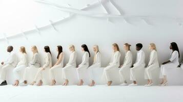 Gruppe von jung Frauen im Weiß Kleider Sitzung im Reihe auf Weiß Hintergrund. generativ ai. foto