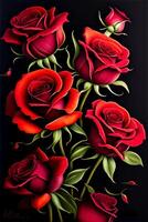 Strauß von rot Rosen auf ein schwarz Hintergrund, ai generiert foto