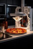3d Drucker druckt Pizza. Kochen Gerät von Zukunft zum Herstellung Lebensmittel. Zuhause Zukunft Technologie. realistisch Komposition mit Prozess 3d Drucken von Pizza Nachahmung. ai generiert foto