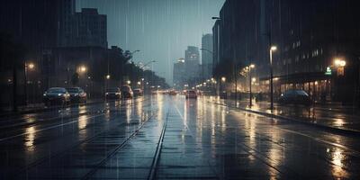 schwer fallen Regen beim Nacht Stadt. dunkel Straße und Beleuchtung Betrachtung auf nass Asphalt Straße. regnerisch Straße Perspektive. generiert durch künstlich Intelligenz. ai generiert foto