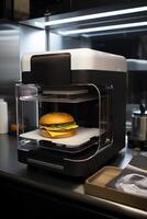 3d Drucker druckt Fleisch Burger. Kochen Gerät von Zukunft zum Herstellung Lebensmittel. Zuhause Zukunft Technologie. realistisch Komposition mit Prozess 3d Drucken von Burger Nachahmung. ai generiert foto