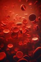 rot Blut Zellen. Verkehr von Hämoglobin durch Schiffe. Blut Anämie Hintergrund. Mensch rot Erythrozyten. Hämoglobin unter Elektron Mikroskop. generativ ai foto