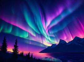 Aurora Nord beschwingt Gradient Beleuchtung Über Baum Berg schön lila, Grün sternenklar Himmel foto
