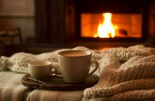 Kaffee Becher und Decke im Weihnachten Stil mit generativ ai foto