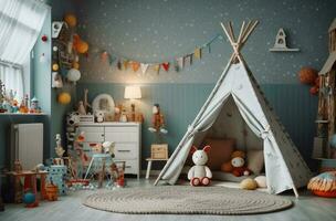 Leben Zimmer zum Kinder und Puppen mit generativ ai foto