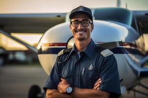 lächelnd männlich Pilot Stehen im Vorderseite von Flugzeug mit generativ ai foto