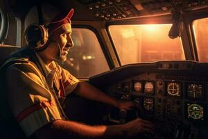 das Cockpit von ein Flugzeug mit ein glücklich Mann Pilot mit generativ ai foto