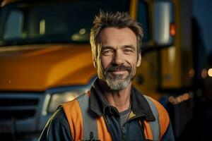 ein lächelnd männlich LKW Treiber Stehen im Vorderseite von seine LKW mit generativ ai foto