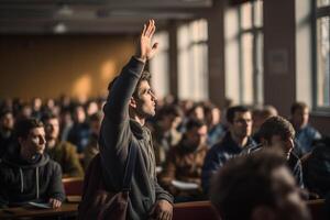 ein männlich Schüler erziehen Hände beim ein Vorlesung Theater mit generativ ai foto