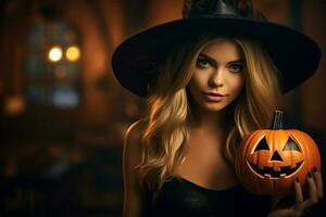 ein glücklich Frau gekleidet im ein Hexe Halloween Kostüm ist halten ein Orange Kürbis mit generativ ai foto