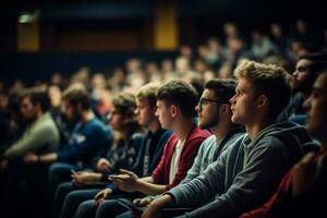 Studenten Hören zu Vorlesung beim ein Vorlesung Theater mit generativ ai foto