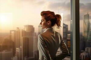 Geschäftsfrau suchen aus in Stadt Horizont mit generativ ai foto