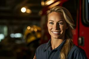 ein lächelnd weiblich Feuerwehrmann im Vorderseite von das Feuer LKW mit generativ ai foto