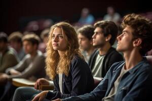 Studenten Hören zu Vorlesung beim ein Vorlesung Theater mit generativ ai foto