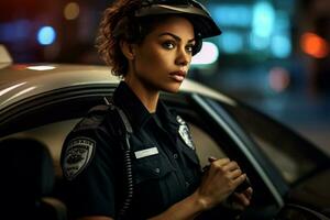 weiblich Polizei Offizier Sprechen auf das Radio mit Polizei Auto hinter ihr mit generativ ai foto