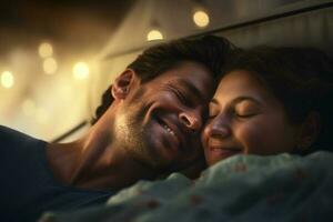 glücklich Paar Schlafen auf ein Bett im romantisch Stimmung mit generativ ai foto