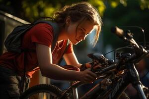 glücklich Frau Festsetzung Fahrrad auf ein Fahrrad Gestell mit generativ ai foto