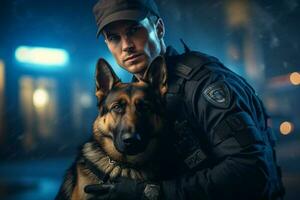 Polizist mit seine Deutsche Shepard mit generativ ai foto