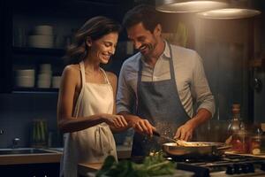 glücklich Frau und Mann Kochen und vorbereiten Essen im das Küche mit generativ ai foto