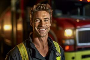ein lächelnd männlich Feuerwehrmann im Vorderseite von das Feuer LKW mit generativ ai foto