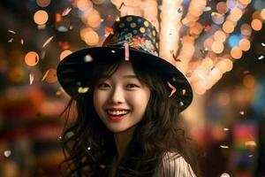 jung schön Mädchen lächelnd im Party Hut und halten ein Konfetti mit generativ ai foto