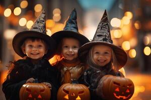 drei wenig Kinder im Kostüm feiern Halloween zusammen mit generativ ai foto