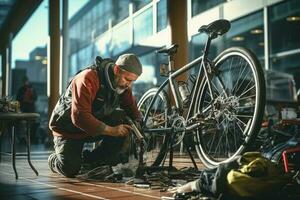 glücklich Mann Festsetzung Fahrrad auf ein Fahrrad Gestell mit generativ ai foto