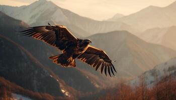kahl Adler Spreads Flügel Mitte Luft Über Berge generiert durch ai foto