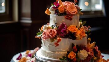 elegant Hochzeit Kuchen geschmückt mit frisch Blumen generiert durch ai foto