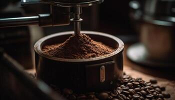 Barista mahlt frisch Bohnen zum duftend Cappuccino generiert durch ai foto