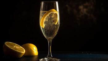 frisch Zitrusfrüchte Cocktail im Gold Glas Luftblasen generiert durch ai foto