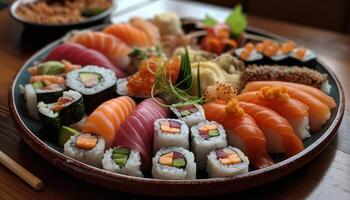 frisch Meeresfrüchte Mahlzeit, Sushi Teller mit Variation generiert durch ai foto