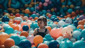 glücklich Kinder spielen mit bunt Luftballons draußen generiert durch ai foto