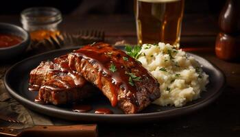 gegrillt Schweinefleisch Steak mit Bohnenkraut Soße, bereit zu Essen generiert durch ai foto